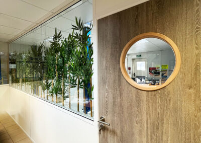 Wooden door with a round window beside a glass-walled office area and tall green plants along the partition.